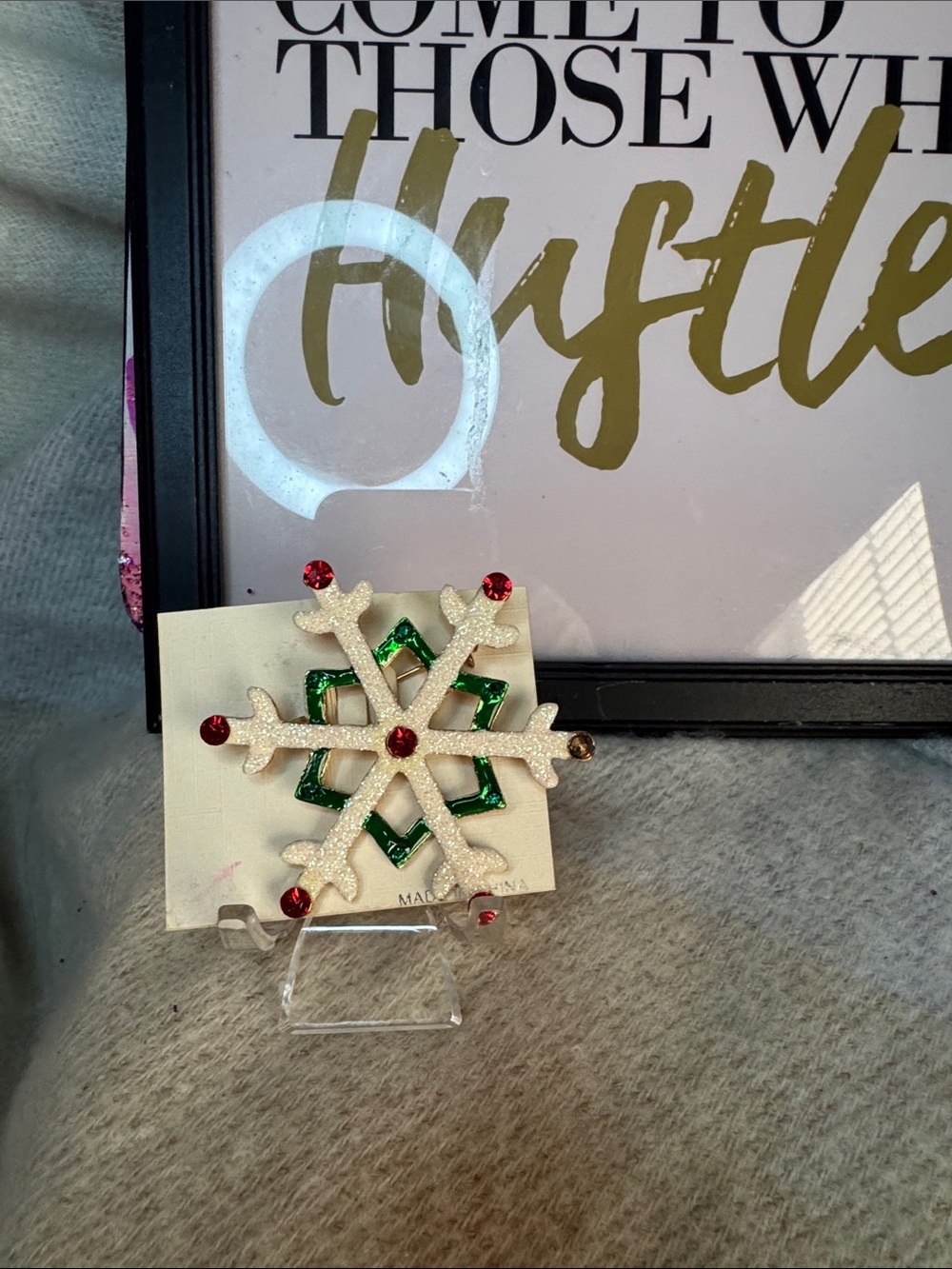 Set of Brooch with Green Accent and Red Rhinestones